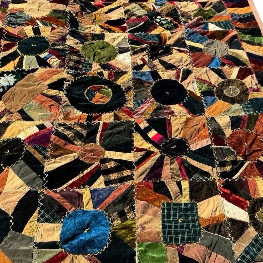 Antique Victorian Crazy Quilt Velvet Silk Hand Stitched‎ Painted 77x71 c1885